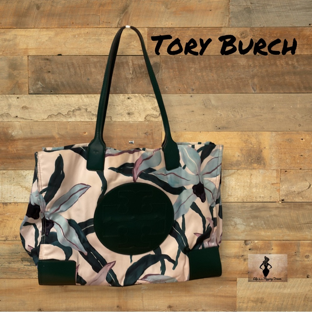 Tory Burch Floral Tote Bag - Cream and Green Ella #1711